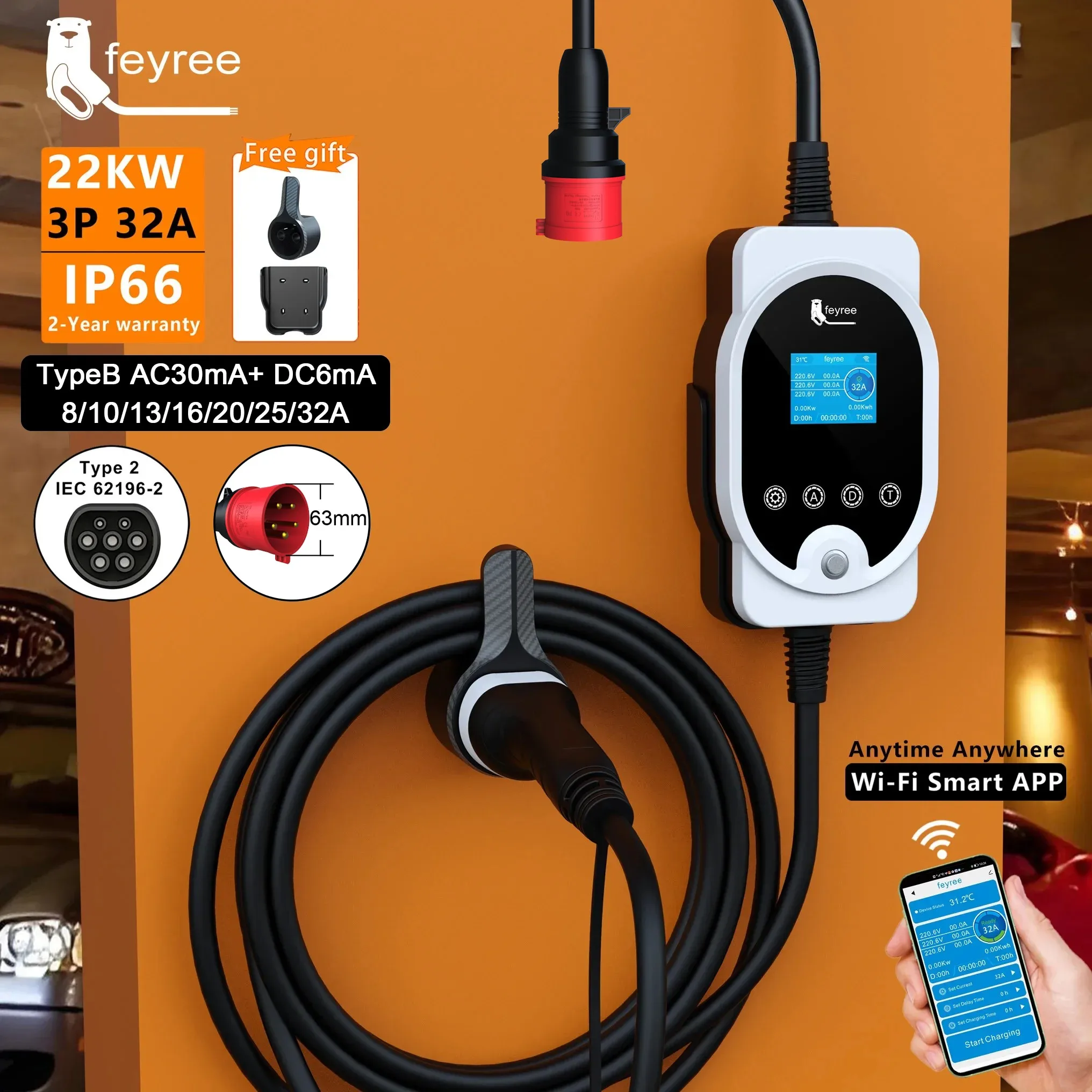Feyree 22KW Type2 Cable EVSE W - Ev Charger Type 2 22Kw 32A 3 Phase ulasan dan harga